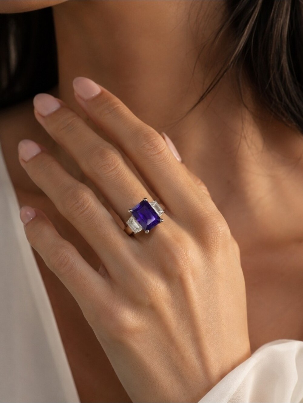 Art Deco Cocktail Ring Purple  Amethyst Cubic Zirconia Gold Size 10 *